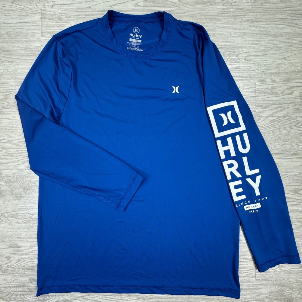 Hurley Mens Shirt Long Sleeve Rash Guard Blue Large Graphic Swim Surf UPF Beach